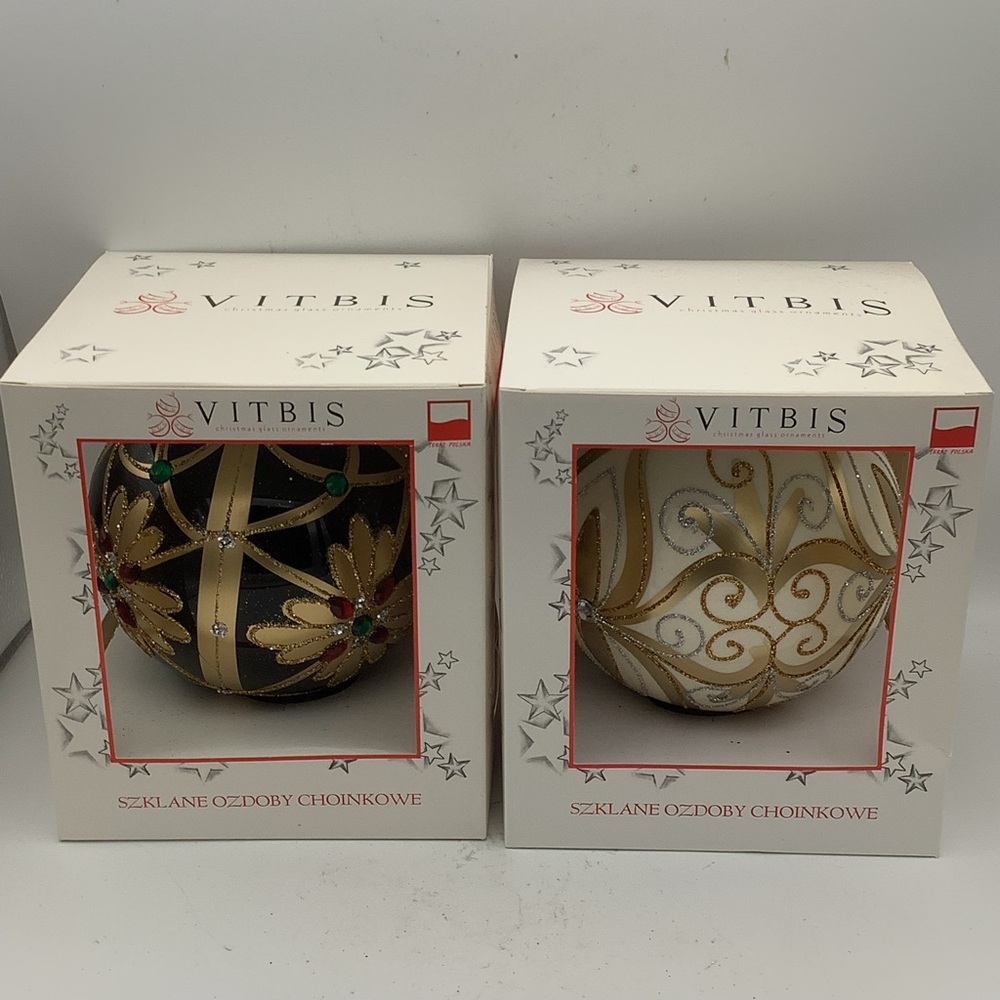 Two Vitris Poland Large Black and White Christmas Glass  Ball Ornaments